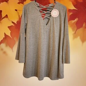 NWT Umgee Gray Tunic Dress | Long Bell Sleeve Criss Cross Back | Women's Medium